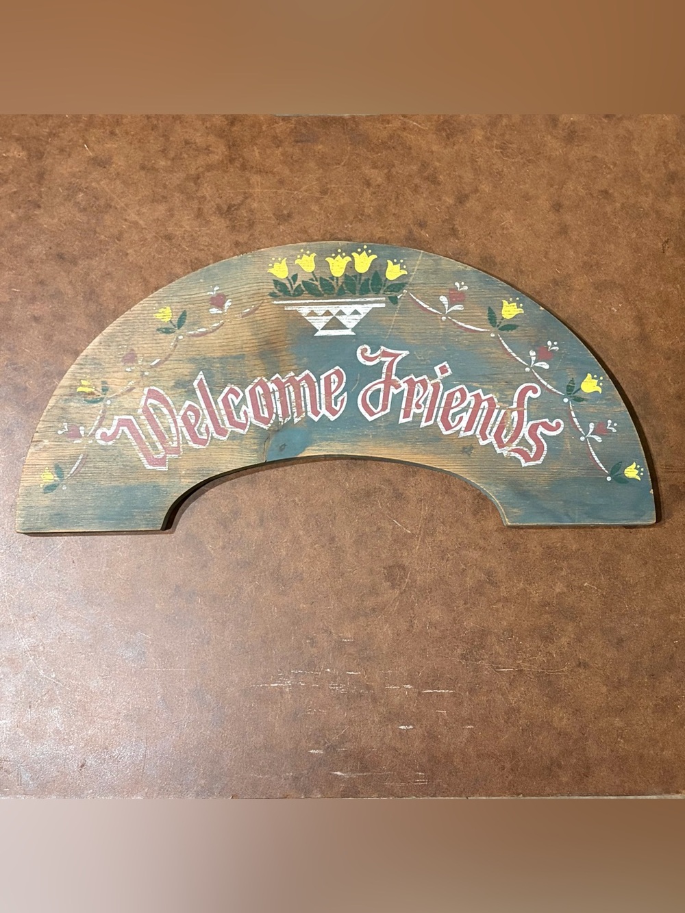 Vintage- “Welcome Friends” Wooden Wall Sign - Yellow Floral